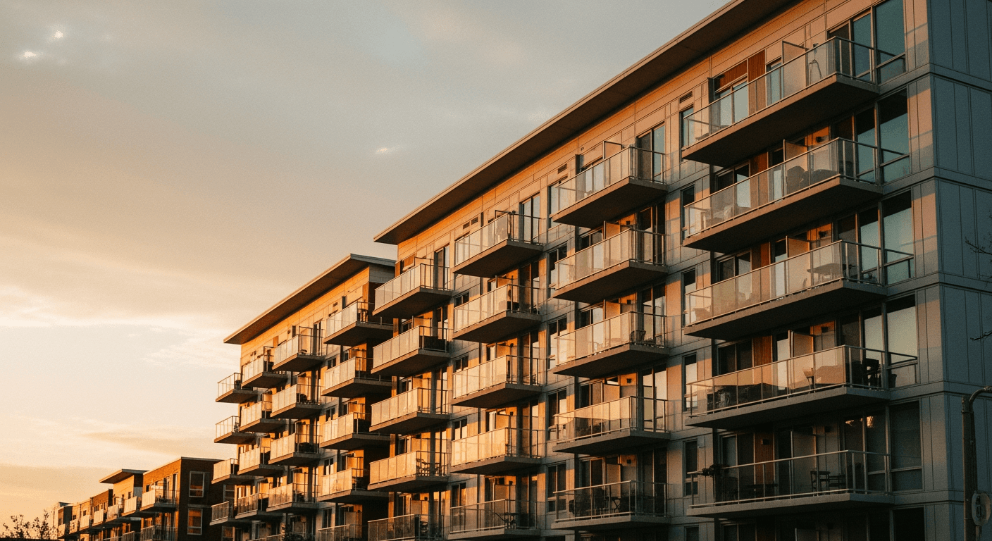 Modern multi-unit residential mid-rise building with balconies at golden hour