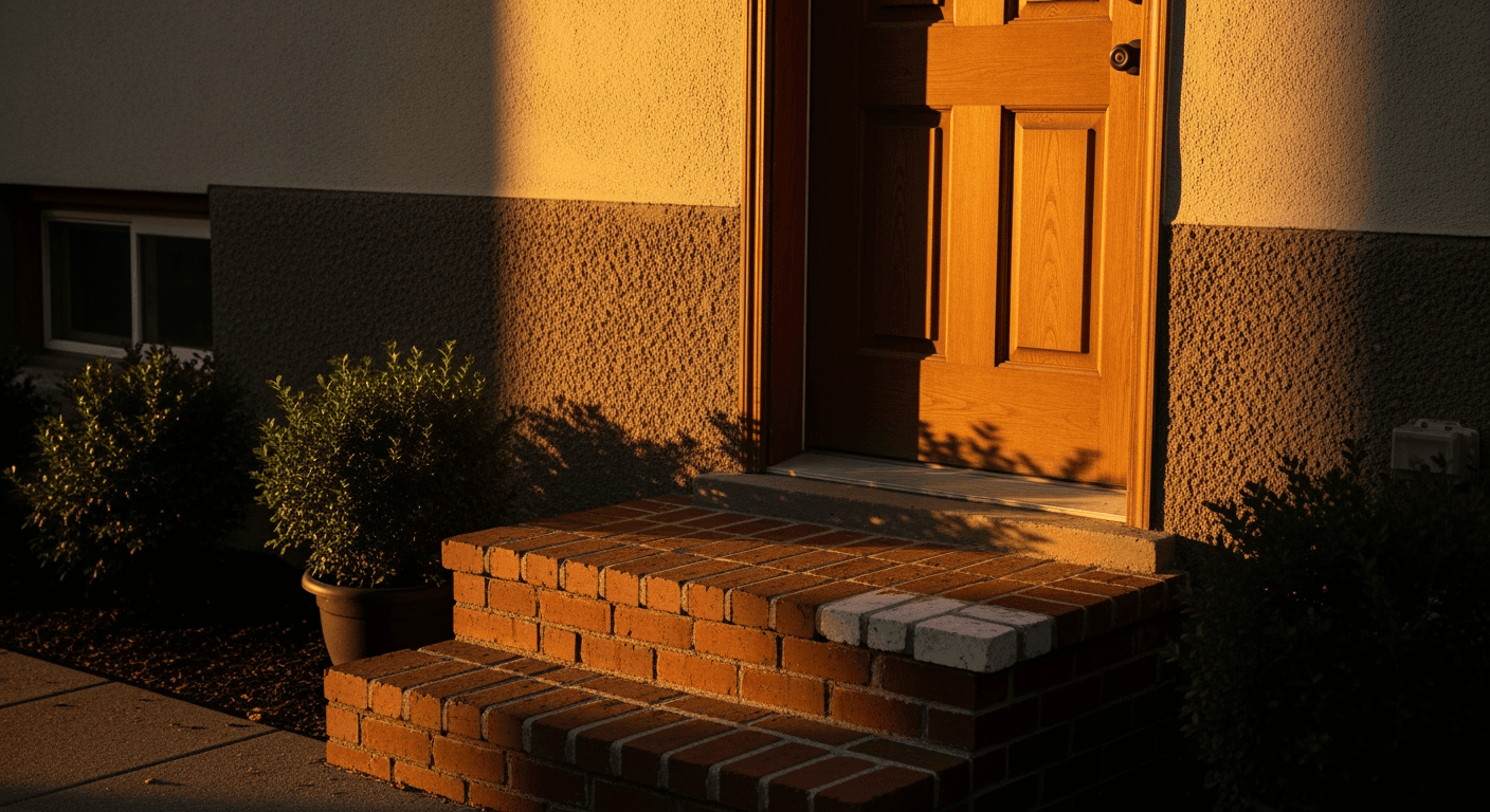 A small but well-kept residential basement apartment exterior with a brick stoop and wooden door at golden hour