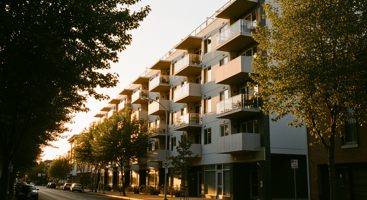 Modern multi-unit residential mid-rise building with balconies and street trees at golden hour