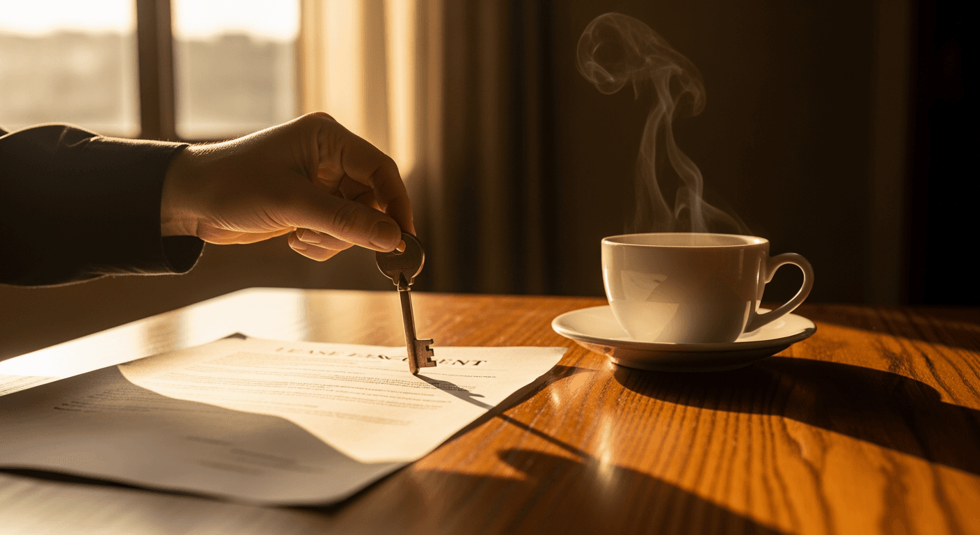 A hand placing a key on a wooden table next to a printed lease agreement and a coffee cup at golden hour