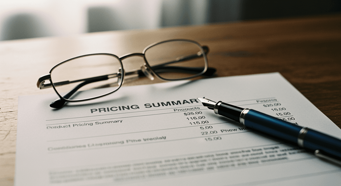 A printed pricing summary on a desk with a fountain pen and reading glasses in soft window light