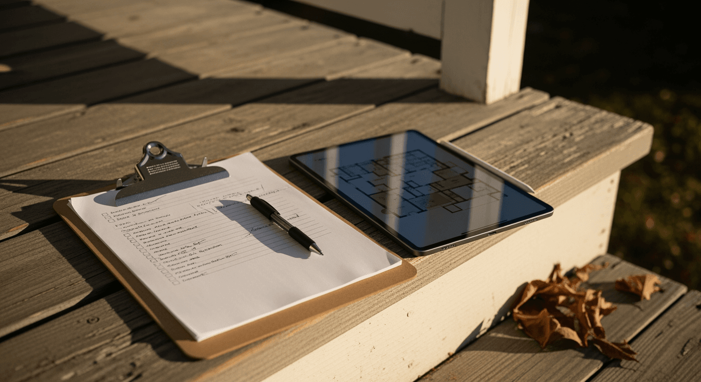 A clipboard and tablet on a residential porch step in soft afternoon light