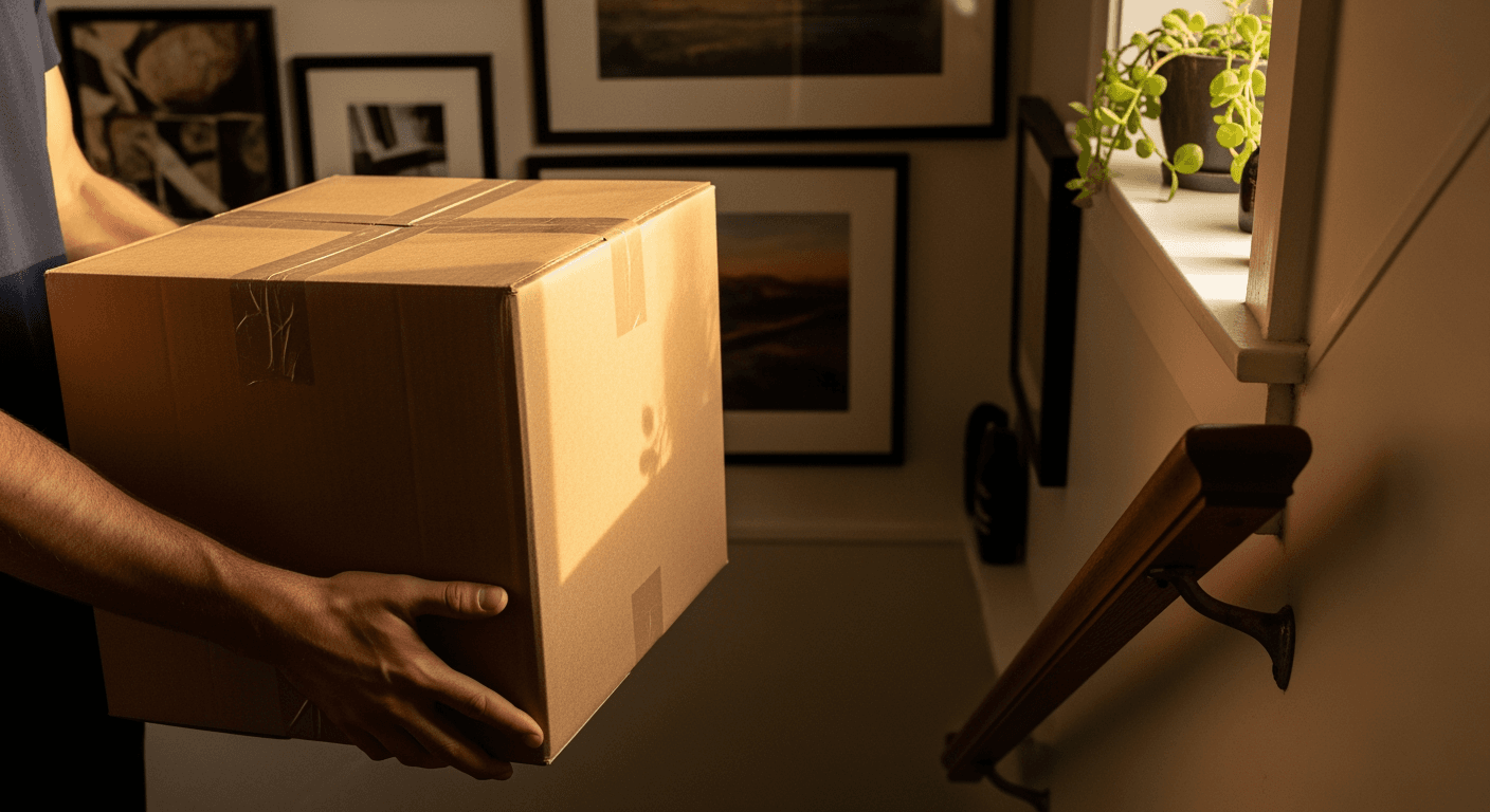Hands carrying a moving box up a residential staircase in warm afternoon light