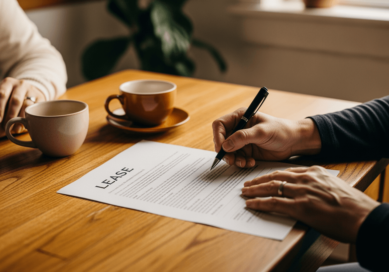 Lease signing at a kitchen table in warm natural light