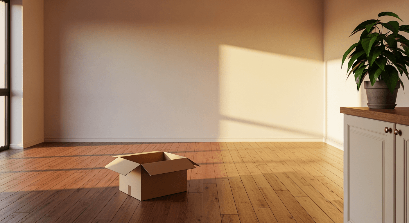 Golden hour light through floor-to-ceiling windows in a warm modern apartment with a single open moving box on hardwood floor and a houseplant on the kitchen counter
